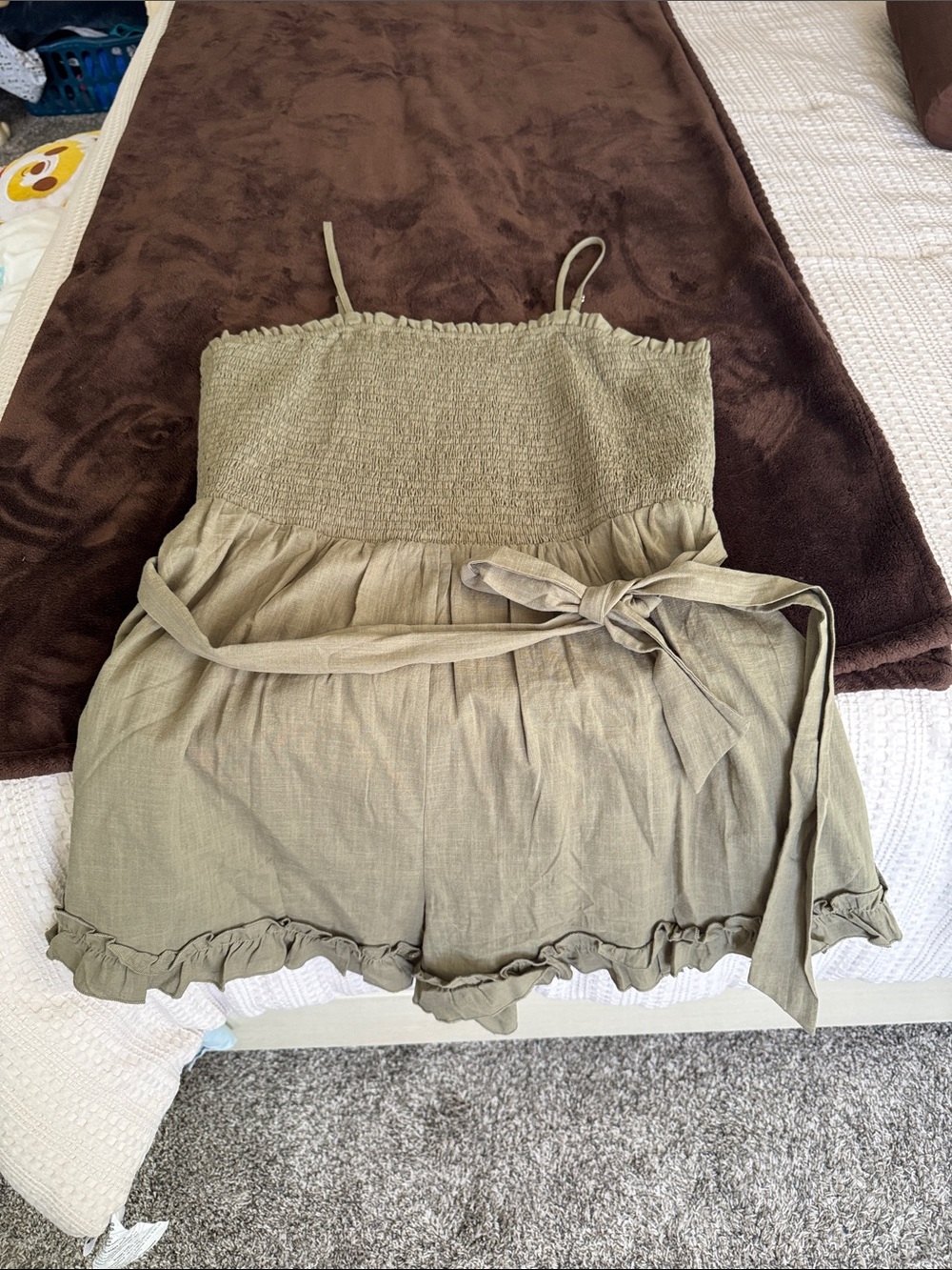 Olive Green Smocked Strap Cami Romper with Self-Tie Belt